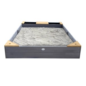 Axi Sandkasten Kelly grau-braun mit Becken und Bank, gefüllt mit Sand.