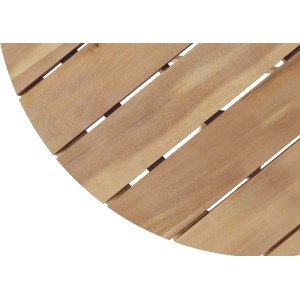 Detailansicht: Tanami Gartentisch, runde Tischplatte aus Holzlatten. Robuster Outdoor-Tisch.