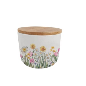 Vorratsdose Blossom mit floralem Dekor und Bambusdeckel, 450 ml. Dekorative Aufbewahrung für Küche und Haushalt.