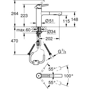 Technische Zeichnung: Grohe Concetto Küchenarmatur DN 15 mit Maßen und Details.