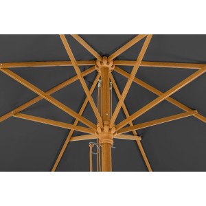 Ansicht von unten: Anthrazitfarbener Schneider Marktschirm (Ø 300 cm) mit Holzgestell und Seilzug.