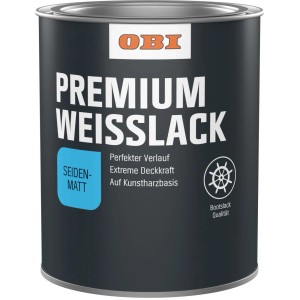 Dunkelgraue Dose OBI Premium Weißlack Reinweiß seidenmatt 375ml.
