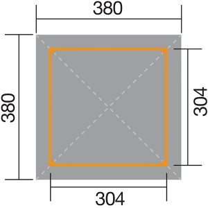 Grundriss Weka Pavillon Gartenoase 651 Gr. 2: 380x380cm Außenmaß, 304x304cm Sockelmaß.