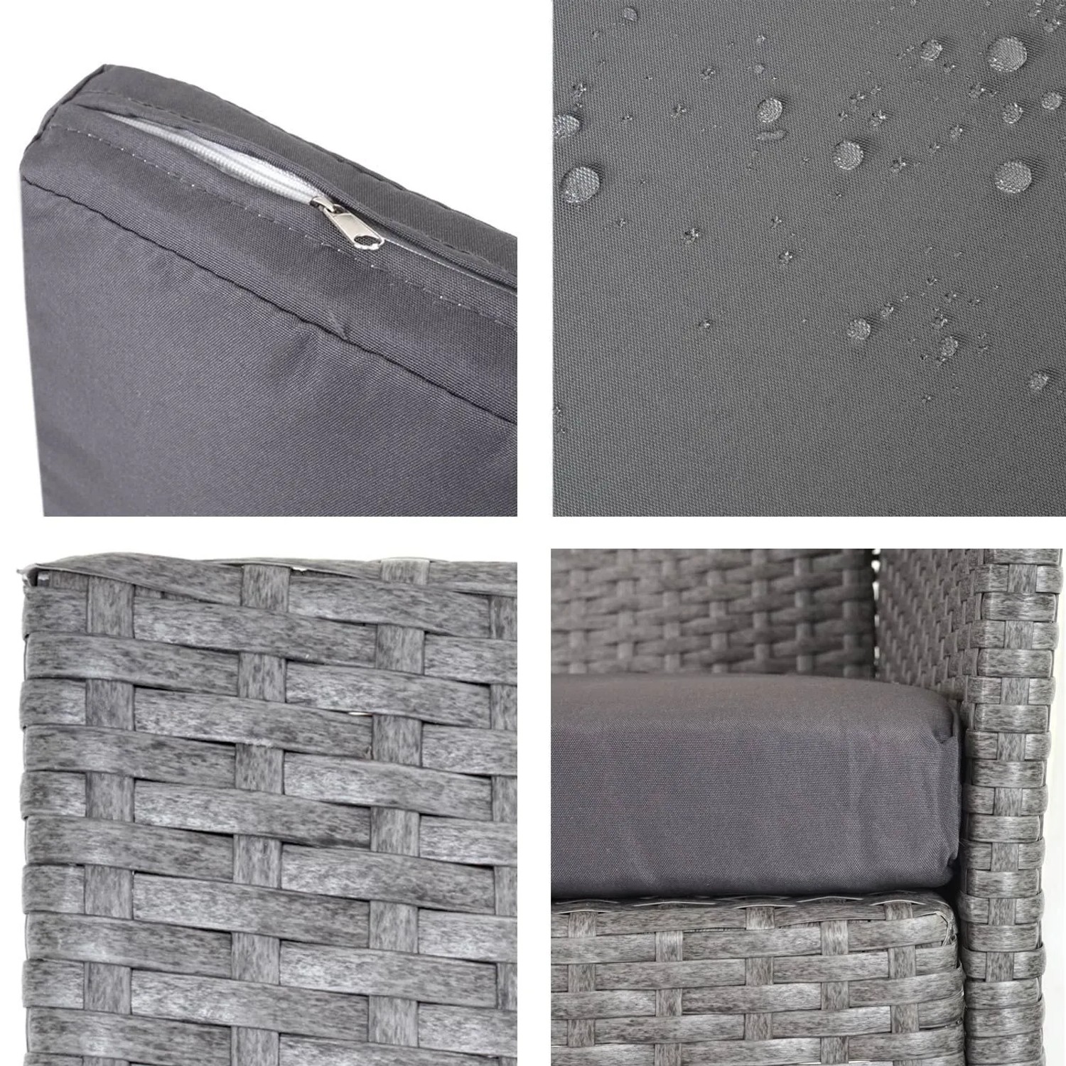 Detailansicht: Poly-Rattan Gartensessel Halden 2er-Set, grau, mit anthrazitfarbenen Kissen.