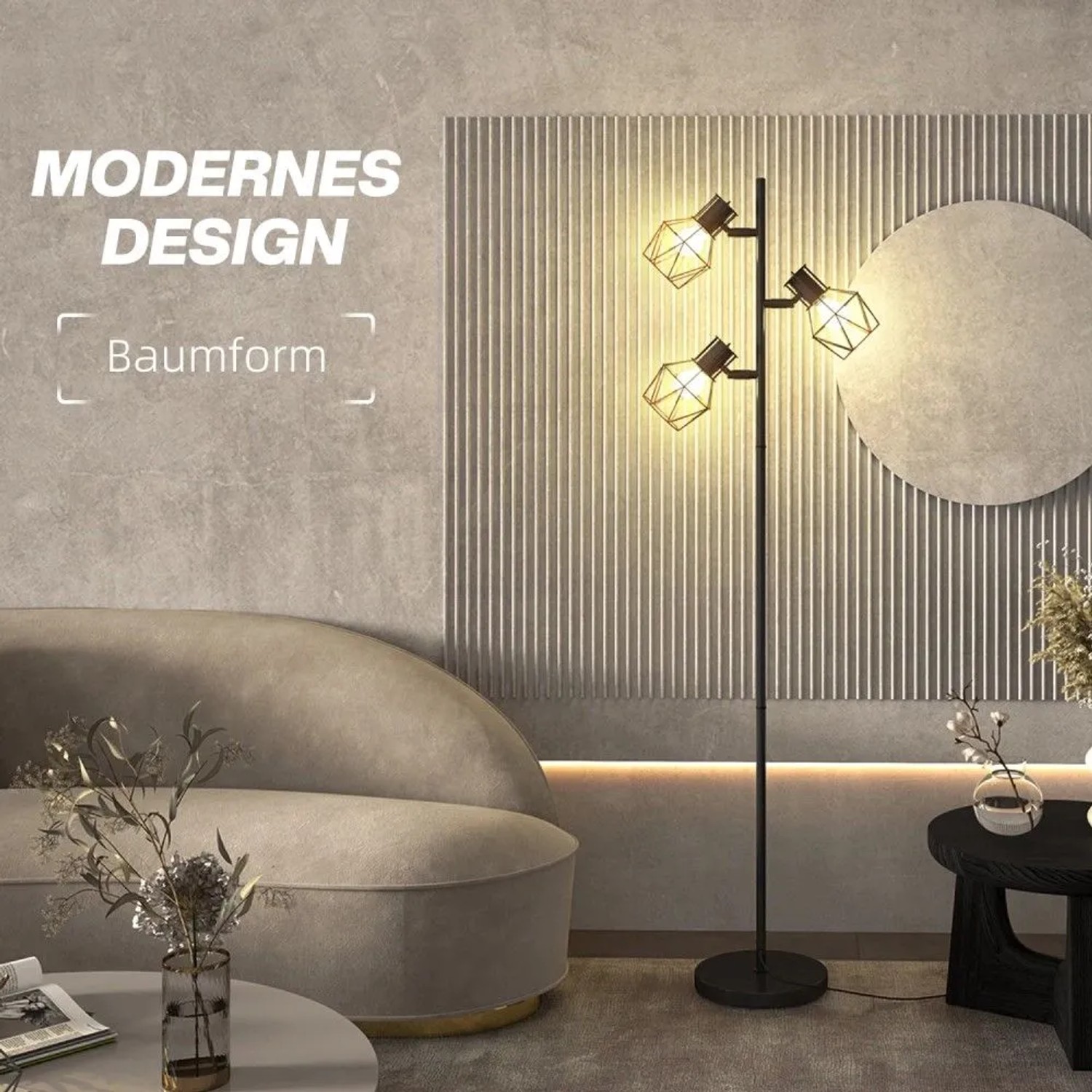Schwarze HOMCOM Stehlampe mit 3 verstellbaren Leuchten im Baumdesign, Metallschirme, modernes Wohnzimmer.