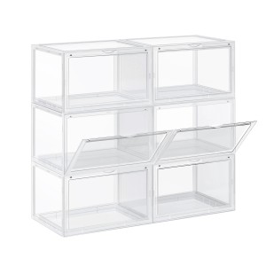 6 transparente Songmics Schuhboxen (28x36x22cm), gestapelt. Schuhkommode mit Klarsicht-Tür.