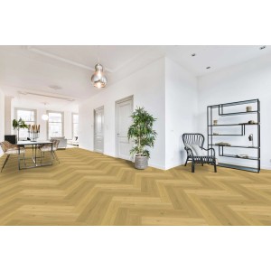 Klebe-Vinylboden Herringbone Damiano Oak, heller Holz-Look im modernen Wohnraum. Vinylboden.