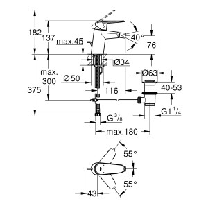 Technische Zeichnung: Grohe Eurodisc Cosmopolitan Bidetarmatur, Maße und Details für Installation.