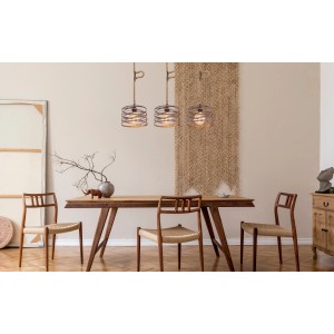 Globo Pendelleuchte Marco, 3-flammig, schwarz mit Hanfseil, über Esstisch in modernem Ambiente.