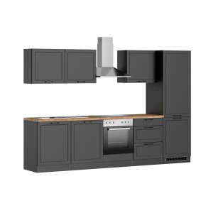 Moderne Küchenzeile Kempten 300 cm in Graphit/Grau mit E-Geräten und Arbeitsplatte in Holzoptik.