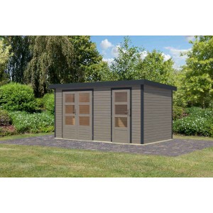 Karibu Gartenhaus Alfredo D in Wassergrau/Anthrazit mit Doppeltür und Einzeltür.