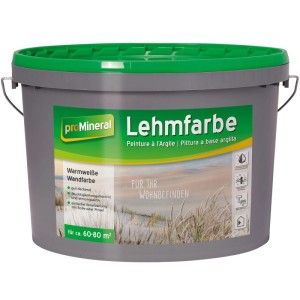 Grauer Eimer proMineral Lehmfarbe 10l mit grünem Deckel. Warmweiße Wandfarbe, feuchtigkeitsregulierend, gut deckend.