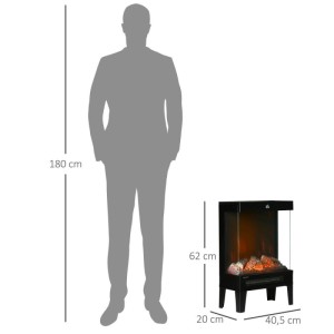 Schwarzer HOMCOM Elektrokamin aus Stahl/Hartglas mit realistischer Flamme, 62 cm hoch, neben Person zur Skalierung.
