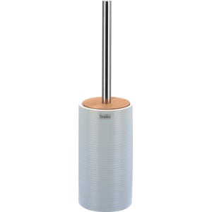 Weißer baliv WC-Bürstenhalter aus Keramik mit Holzdeckel und Rillenstruktur.