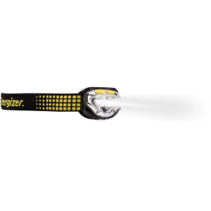 Energizer Vision Ultra Kopflampe mit schwarzem Stirnband und hellem Lichtstrahl.