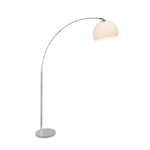 Elegante Bogenlampe Vessa in Chrom-Weiß. Stehleuchte mit halbruhem Lampenschirm für Wohnzimmer & mehr.