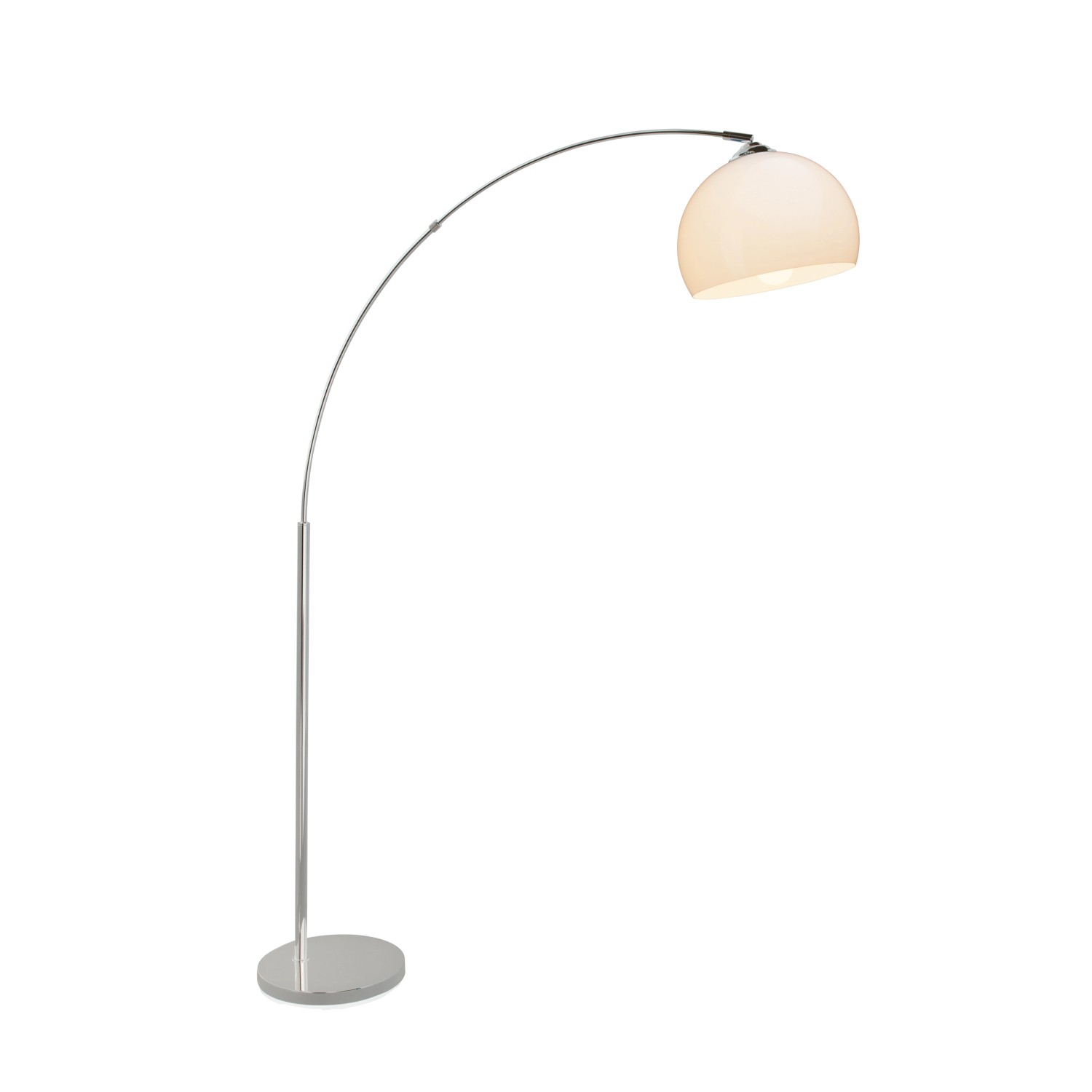 Elegante Bogenlampe Vessa in Chrom-Weiß. Stehleuchte mit halbruhem Lampenschirm für Wohnzimmer & mehr.