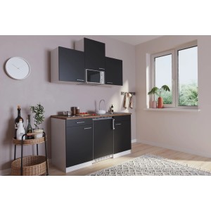 Respekta Küchenzeile KB150WSMIC, 150 cm, schwarz-weiß mit Kühlschrank, Kochmulde und Mikrowelle.