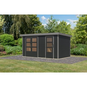 Anthrazitfarbenes Karibu Gartenhaus Alfredo C mit zwei Türen und grauen Akzenten.