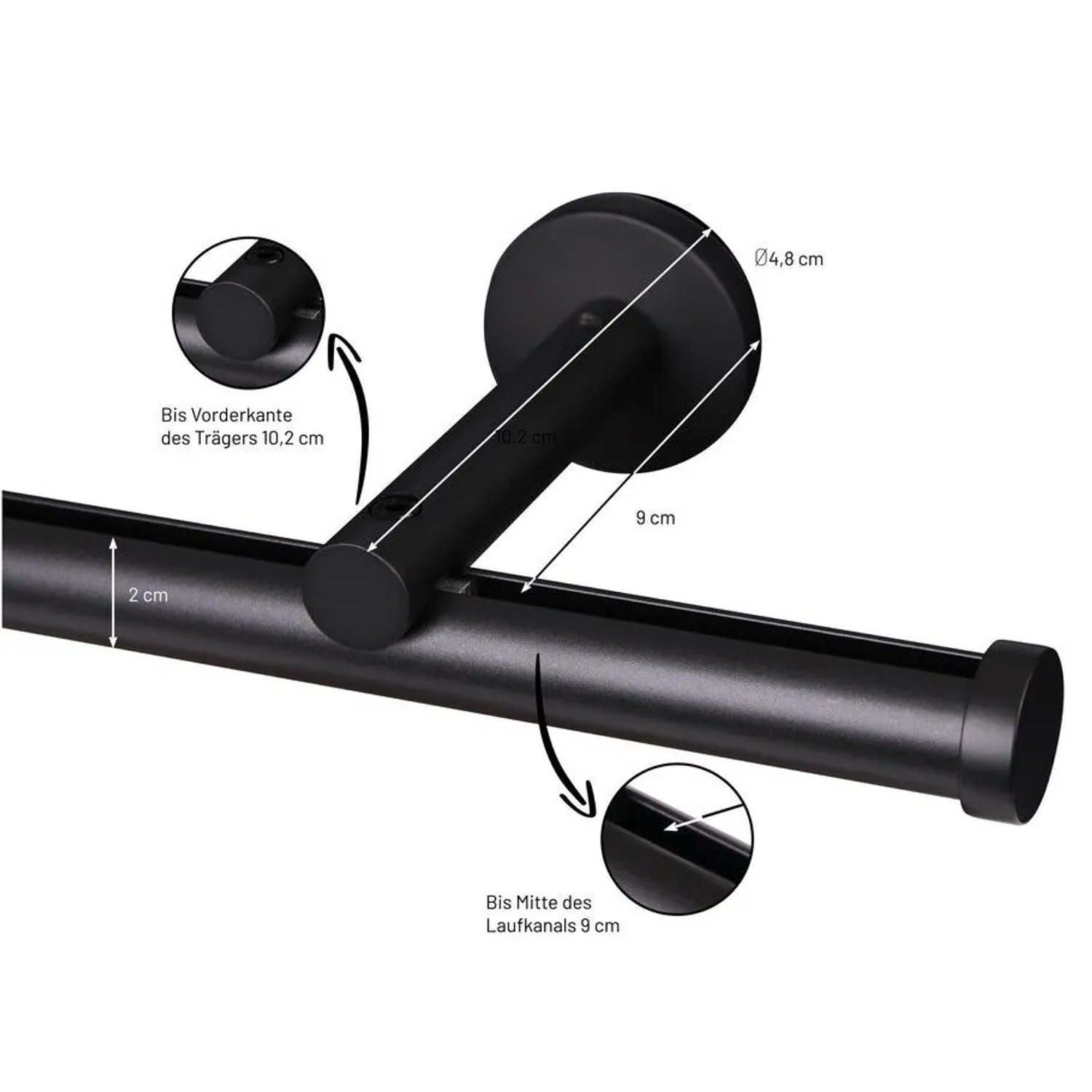 Schwarze Innenlauf Gardinenstange nach Maß mit Wandhalterung. Zeigt 9cm Wandabstand und 20mm Durchmesser.