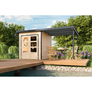 Karibu Gartenhaus Domingo 1 A mit Anbaudach 2,33 m Natur-Anthrazit