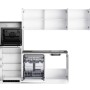 Weiße Held Winkelküche Gera 240 cm mit E-Geräten: Backofen, Kühlschrank, Geschirrspüler, Kochfeld, Spüle.