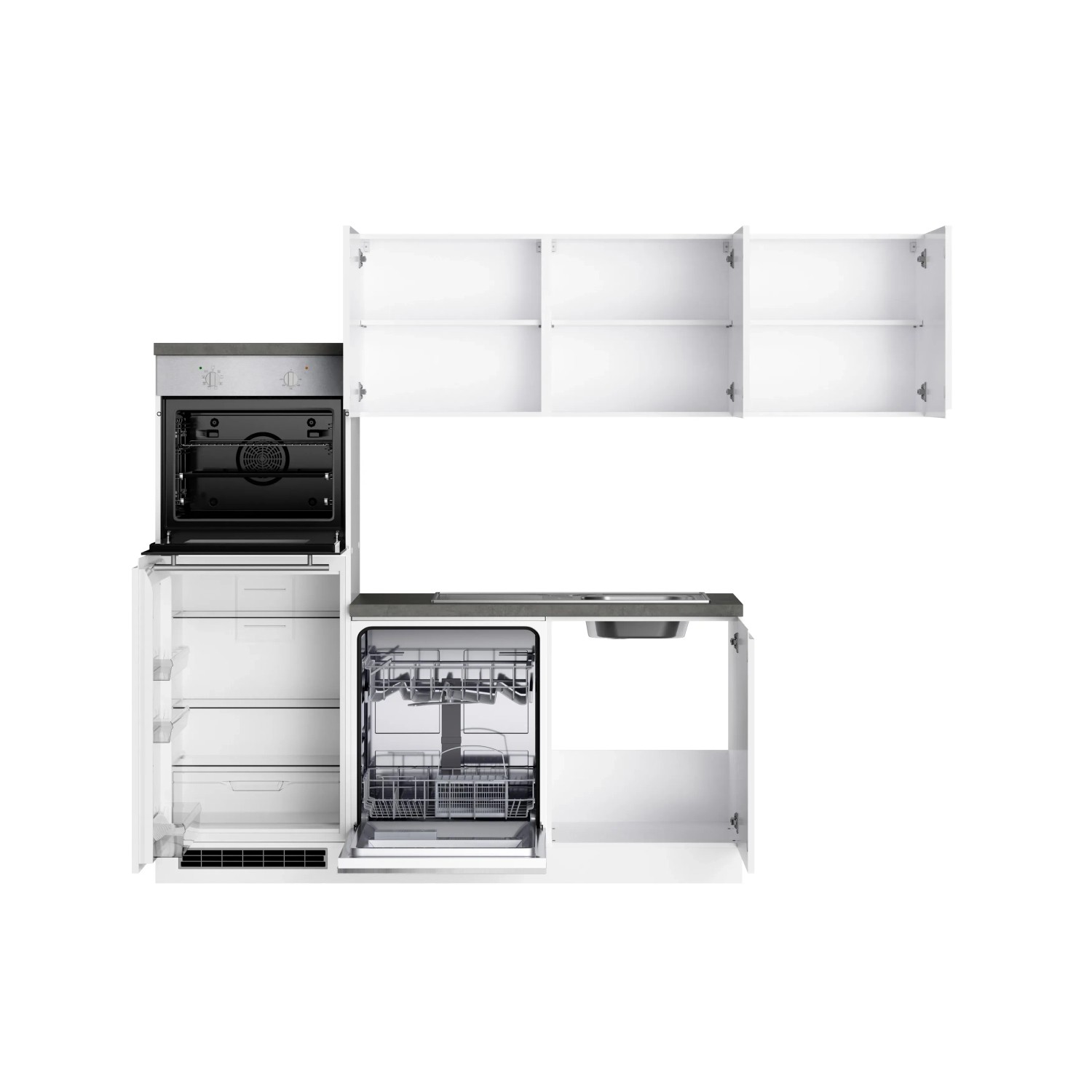 Weiße Held Winkelküche Gera 240 cm mit E-Geräten: Backofen, Kühlschrank, Geschirrspüler, Kochfeld, Spüle.