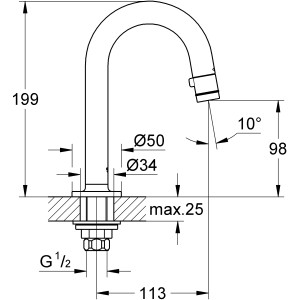 Technische Zeichnung: Grohe Kaltwasser-Standventil mit C-Auslauf und Mousseur, Chrom, Maße und Details.