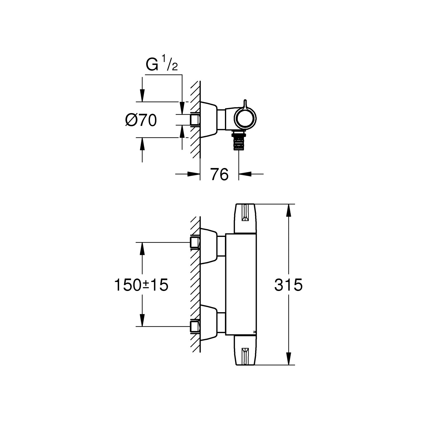 Technische Zeichnung: Grohe Grohtherm Special Thermostat-Waschtischbatterie für Wandmontage mit Maßen.