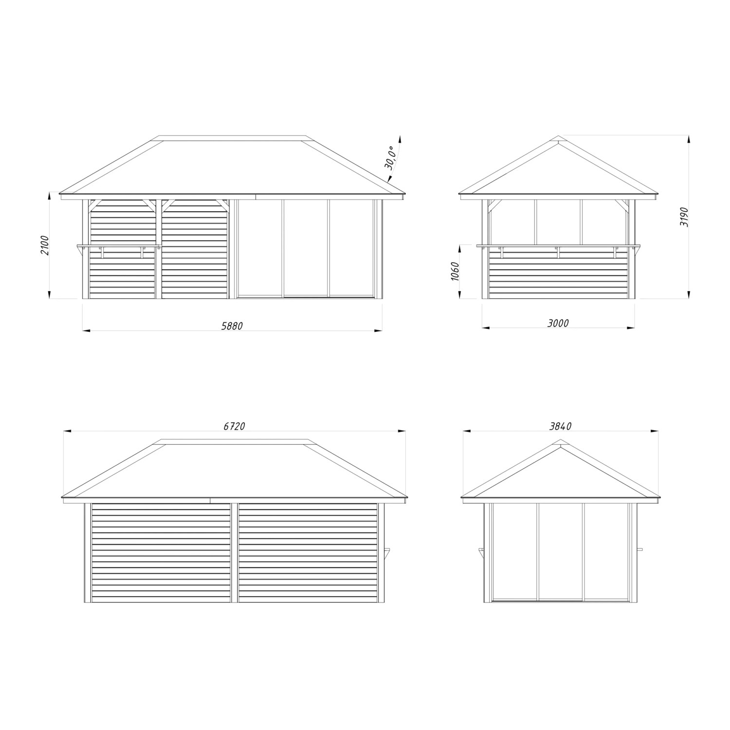 Skizze Palmako Pavillon Bianca Set208 Slide Transparent, Maße 588x300cm, Holzpavillon mit Schiebetüren.
