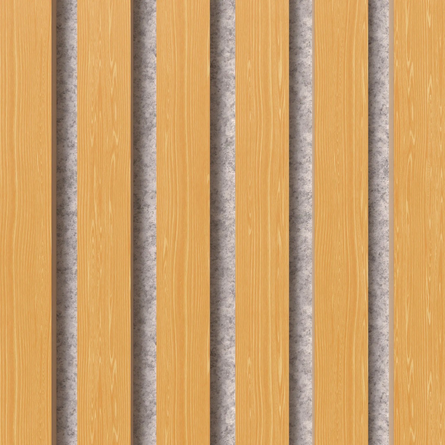 Akustikpaneel Muster Eiche Natur: Wandpaneel mit Holzleisten auf grauem Filz für bessere Raumakustik.