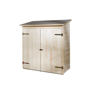 Weka Balkon- und Terrassenschrank mit Pultdach, naturbelassenem Holz und Doppeltür.