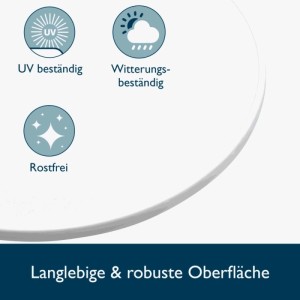 Detailaufnahme: Wetterfester, rostfreier Stehtisch Beautissu Sylt, UV-beständig.