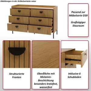 Kommode O39 in Natur mit 6 Schubladen und Lamellen-Design