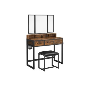 Vasagle Schminktisch mit Hocker in Braun-Schwarz, mit dreifach Spiegel und Schubladen.