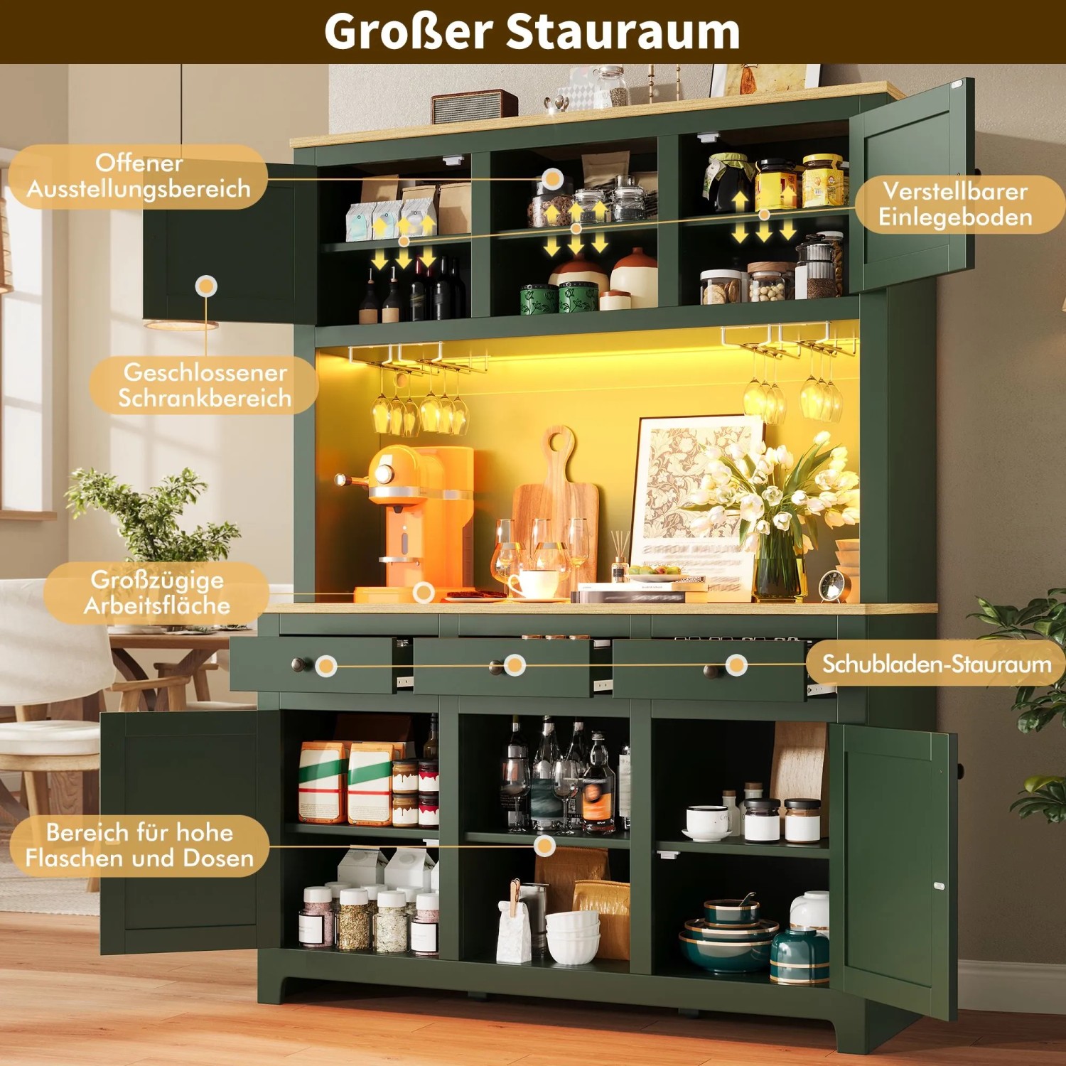 okwish Hochschrank mit LED Lichtsystem Rattan Kippsicherung Küche 120x40x180cm Grün_8