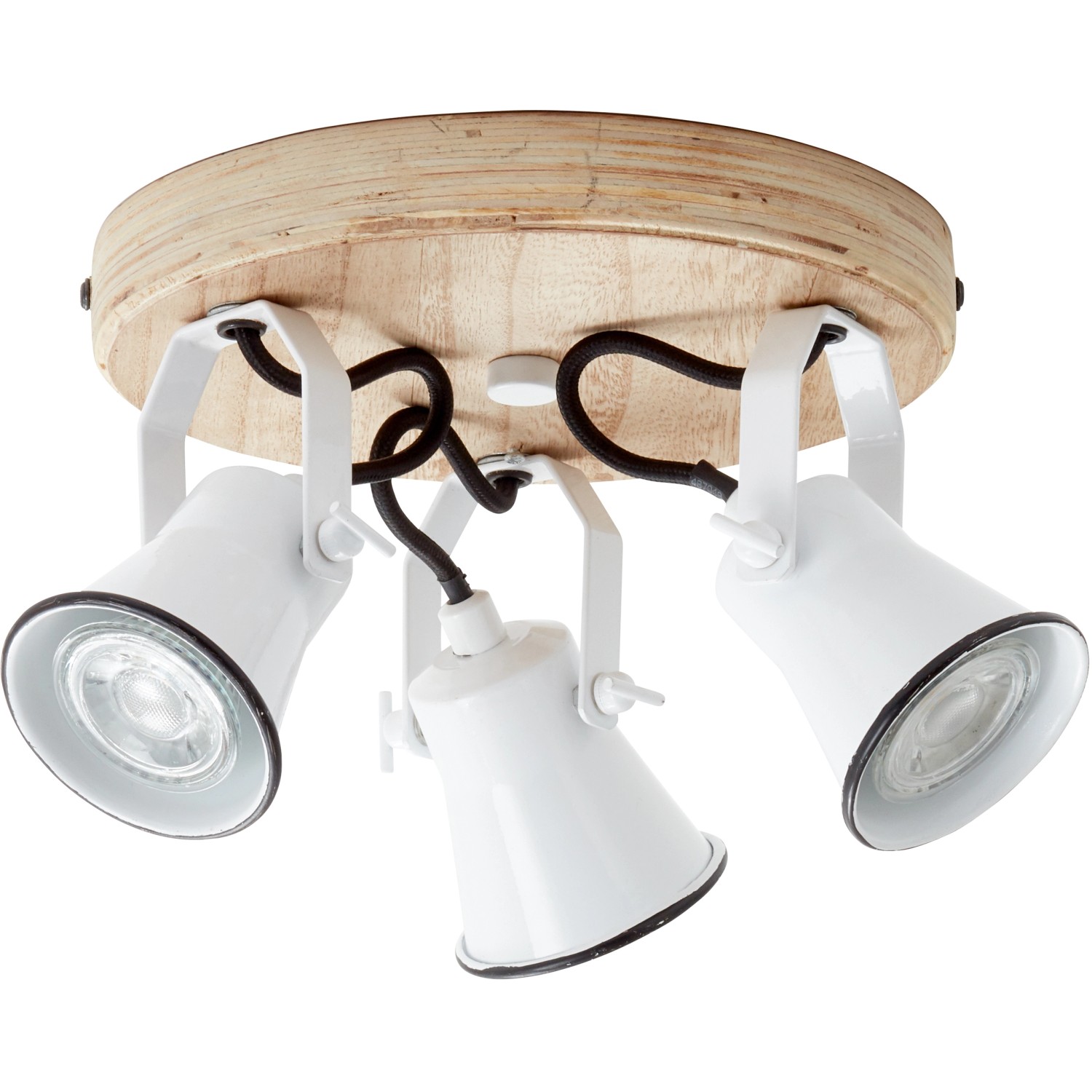 Brilliant Spot Seed 3er, weiße Wandlampe mit Holzrondell, schwenkbare Spots für GU10 Leuchtmittel.