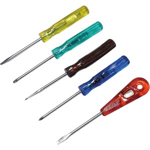 LUX Mini-Schraubersatz, 5-teilig, mit farbigen Griffen: Schraubendreher, Spitzbohrer und Rundahle.
