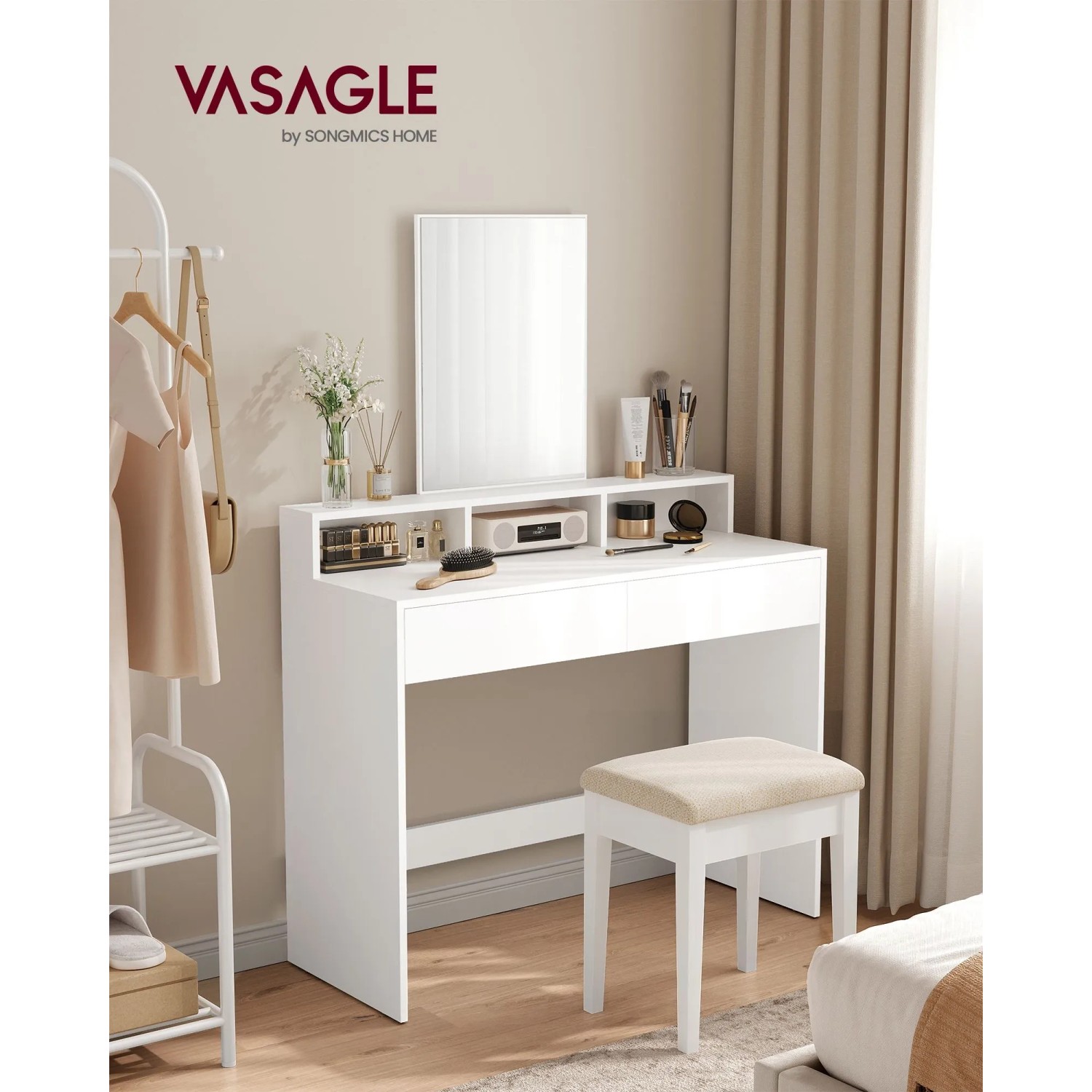 Weißer Vasagle Schminktisch mit Spiegel und Hocker, modernes Design.