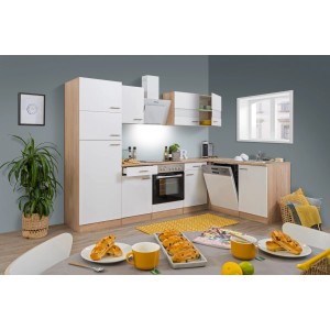 Moderne Respekta Winkelküche in Weiß und Eiche Sonoma mit E-Geräten.