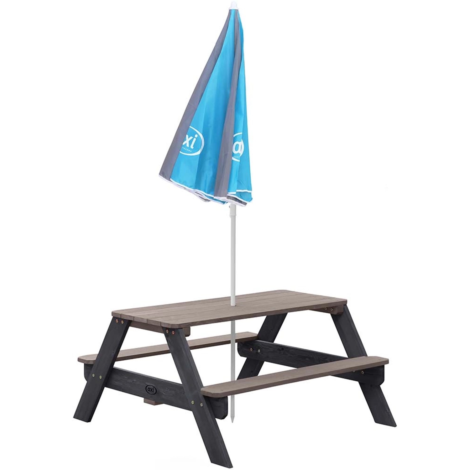 Axi Nick Picknicktisch mit blau-grauem Sonnenschirm, ideal für Kinder zum Spielen und Essen im Garten.