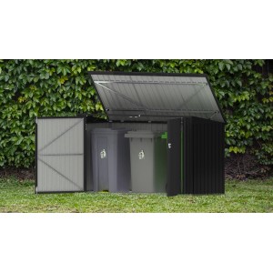 Tepro Universalbox Store Max in Anthrazit mit geöffneten Türen und Mülltonnen.