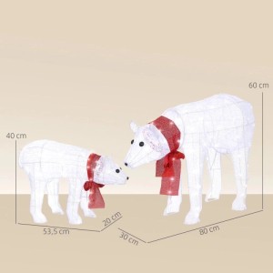 Weiße beleuchtete Eisbären-Weihnachtsdekoration aus Kunststoff/Metall, Mutter und Kind mit roten Schals.