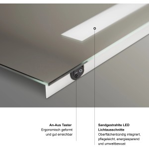 Detailaufnahme: DSK Design LED-Lichtspiegel Silver Time mit An/Aus-Schalter und LED-Lichtausschnitt.