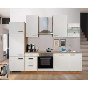 Flex-Well Küchenzeile Vintea 280 cm in Magnolia/Lancelot Oak mit E-Geräten und Spüle.