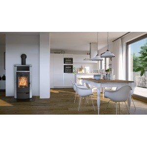 Fireplace Hamburg Kaminofen, Speckstein, 6 kW, in modernem Wohnraum.
