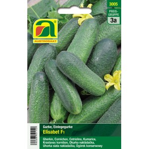 Saatgutpackung Einlegegurke Elisabeth F1 von Austrosaat mit dunkelgrünen Gurken.