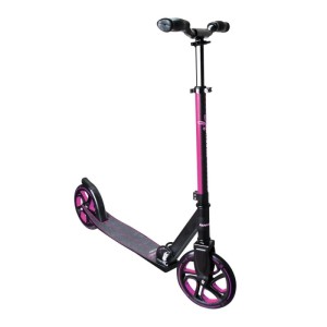 Pink-schwarzer Muuwmi Aluminium Scooter Pro Tretroller mit 215 mm Rollen, höhenverstellbar für Kinder und Erwachsene.