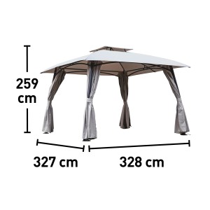 Grauer Pavillon Granisle, 327x328 cm, mit Seitenteilen und Entlüftungsöffnung im Dach.