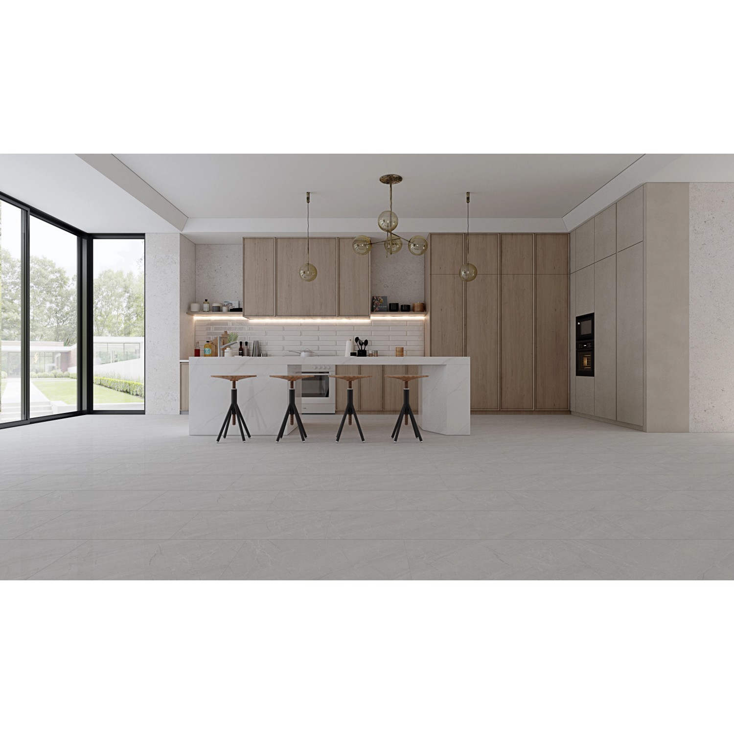 Heller Raum mit Click-Vinylboden Grillo. Moderne Küche mit Kochinsel und großen Fenstern.